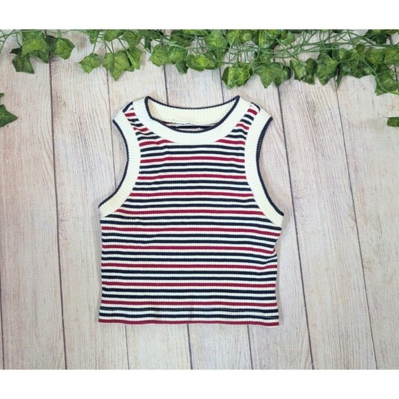 UNIF Women's Blue Red White Striped Ribbed Tank Cropped Cotton Baby Size XS - Picture 1 of 6